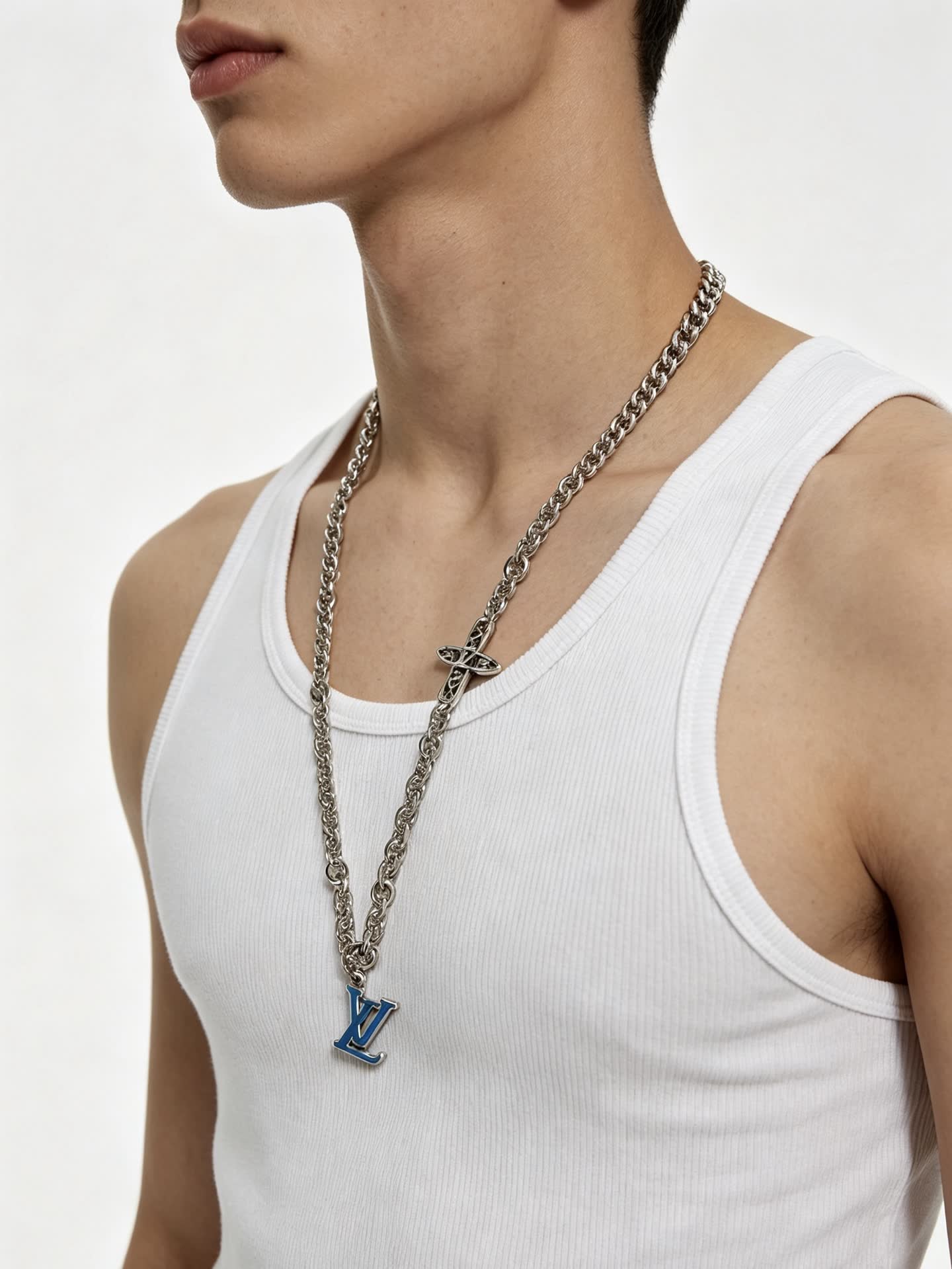 Louis Vuitton Silver Chain Necklace with LV Logo